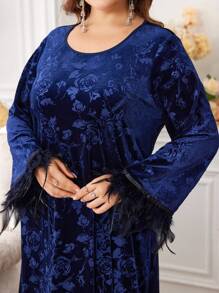 Al Najma Große Größen Rüschenmanschette mit Federn besetztes, locker sitzendes, elegantes Strick-Arabisches Kleid, bescheidenes, langärmeliges, elegantes Arabisches Tunika-Kleid für Abendpartys/Hochzeitsgäste/Jahrestag - marineblau - Übersicht 1