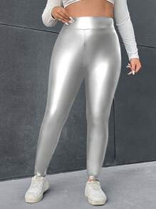 SHEIN Essnce Plus Size Women Silver Coated Fashion Leggings