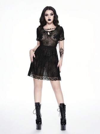 Goth Robe avec jeu de patchwork en dentelle résille style toile d'araignée, gothique halloween