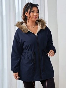 SHEIN EZwear 加大码海军蓝抽绳腰部蓬松连帽加厚棉服外套，冬季休闲 - 藏蓝色 - 查看 4