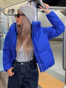 Aveloria Affinna Unisex Dopamine Color Cropped Thick Loose Metal Zip Up Puffer Jacket With Pockets For Women 