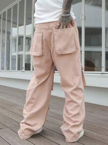 Manfinity LEGND Men's Casual Street Style Solid Color Flap Pocket Loose Fit Cargo Jeans Plain Light Pink Cargo Jeans, For Husband, Boyfriend Gifts