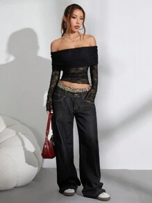 FavEase 1 件女式露肩蕾丝长袖衬衫 - 黑色 - 查看 5