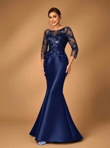 SHEIN Belle 女士优雅高端亮片拼布弹力针织面料圆领中长袖连衣裙，带蕾丝花边鱼尾下摆，适合妈妈参加婚礼、正式晚宴和舞会，新娘母亲礼服 - 藏蓝色 - 查看 6