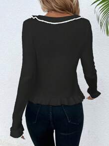 SHEIN LUNE Women's Autumn/Winter Patchwork Ruffle Flare Sleeve Single-Breasted Casual Cardigan - Black - View 2