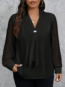 SHEIN Privé Blusa de botones blanca ajustada con adorno de lazo y cuello de perlas, uso de oficina elegante/casual, primavera/otoño, talla grande - Negro - Ver 3