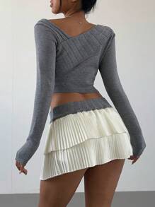 Aloruh 2pcs/Set Women Solid Color Long Sleeve Simple Sweater And Mini Skirt, Casual Outfit - Grey - View 2