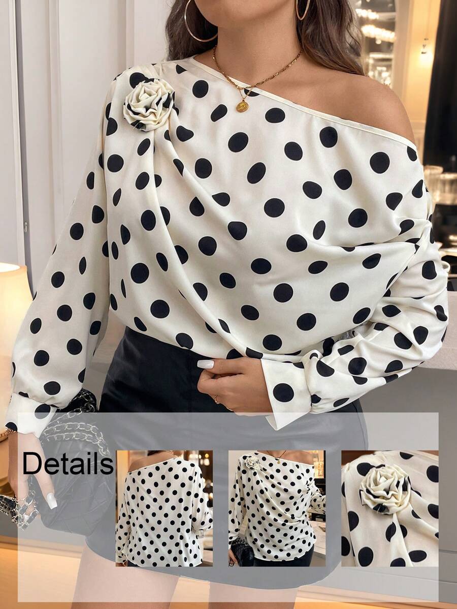 SHEIN Clasi 大码优雅波尔卡圆点 3D 花卉装饰褶皱宽松休闲衬衫 - 彩色 - 查看 1