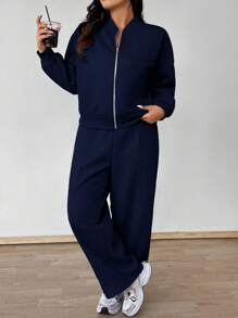 Flirla 大码休闲纯色夹克和裤子两件套