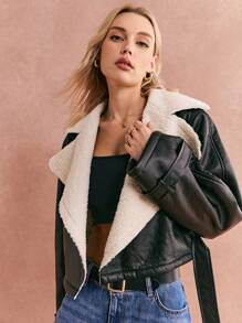 SHEIN Frenchy 女士时尚休闲撞色翻领蓬松饰边短夹克 24 FW - 黑色 - 查看 4