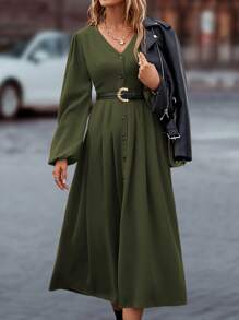 Chiquease 1 件女式纯色 V 领灯笼袖单排扣长款优雅连衣裙，秋季长款女装 - 綠色 - 查看 6