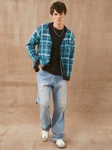 Men Brushed Plaid Cardigan Sweater - Blue - View 7