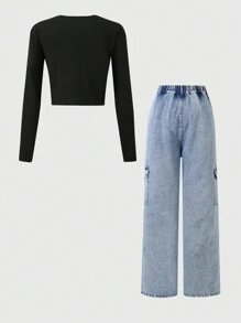Set de 2 piezas para niñas adolescentes que incluye top de manga larga de punto básico y pantalones de mezclilla de pierna recta y ajuste relajado, para primavera/otoño