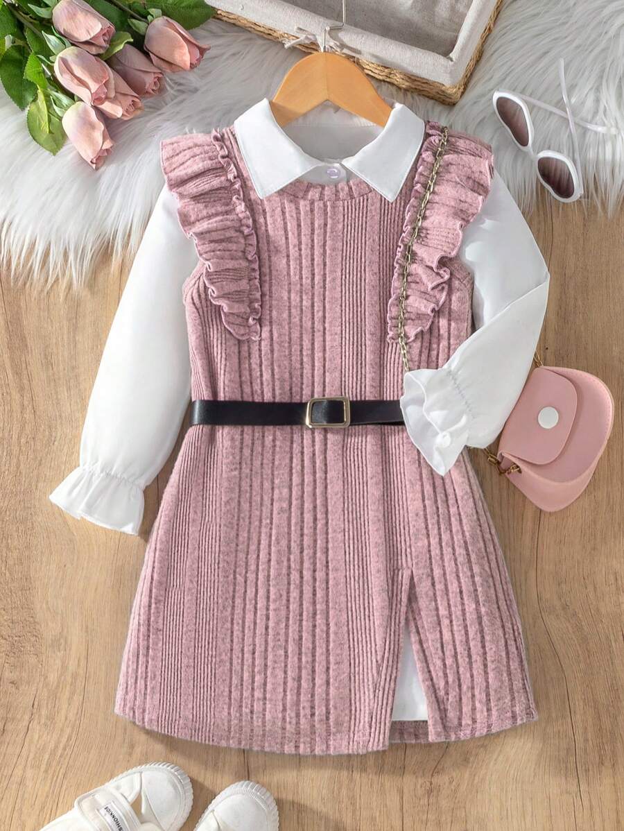 SHEIN 2 件套年轻女孩纯色前扣长袖简约连衣裙和褶皱下摆连衣裙套装 - 粉色 - 查看 1