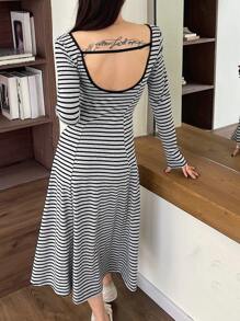 DAZY Deep-V Neck Striped Fitted Mid-Length Dress For Women,Fall Clothes Long Sleeve Dress Maxi Dress - Black - View 2