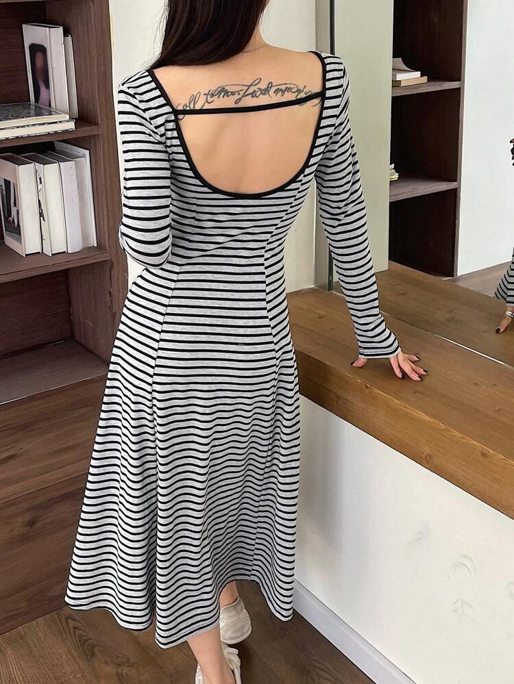 Vestido Longo Ajustado de Manga Longa com Decote em V Profundo e Listras, Roupas de Outono para Mulheres