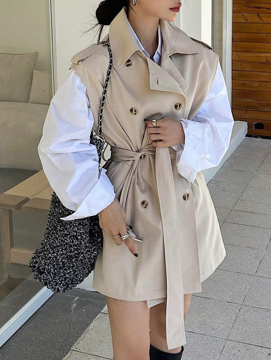 DAZY 女士无袖轻薄外套，秋季新款女士背心外套 - 卡其色 - 查看 1