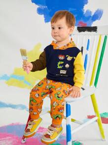Nick 90s X SHEIN Tuta da 2 pezzi composta da felpa con cappuccio e pantaloni garzati a blocchi di colore con grafica di dinosauro per bambini maschi