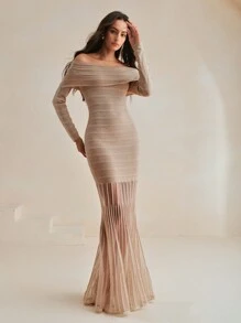 Anewsta Váy dài bó sát bán trong suốt thanh lịch dành cho nữ, trang phục Maxi mùa thu dành cho nữ - Kem - Xem 6