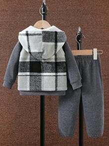 SHEIN Baby Boy Plaid Printed Hooded Thermal Lined Jacket Vest And Sweatpants & Sweatshirt Set