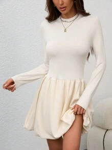 SHEIN Clasi Vestido casual corto de mujer de unicolor, con parches, cuello alto, manga larga, acampanado y sencillo - Albaricoque - Ver 4