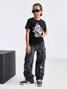 SHEIN Áo thun cổ tròn tay ngắn in chữ cho bé gái tuổi mới lớn - màu đen - Xem 3