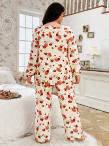 Bộ đồ ngủ nữ cỡ lớn họa tiết hoa hồng có áo dài tay và quần - Màu be - Xem 2