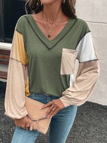 SHEIN Unity 女士纯色拼接 V 领长袖口袋休闲 T 恤 - 綠色 - 查看 3