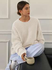 DAZY Suéter de cuello redondo de ajuste holgado de unicolor para mujer, ropa de mujer de otoño - Blanco - Ver 1