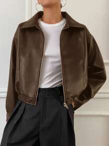 DAZY 1件女士纯色宽松长袖翻领PU皮夹克，秋季服装皮夹克