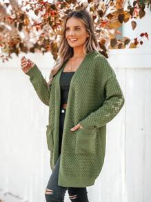 SHEIN VCAY 1 件女式纯色落肩口袋宽松长袖开衫毛衣，适合度假、秋冬季 - 墨綠色 - 查看 5