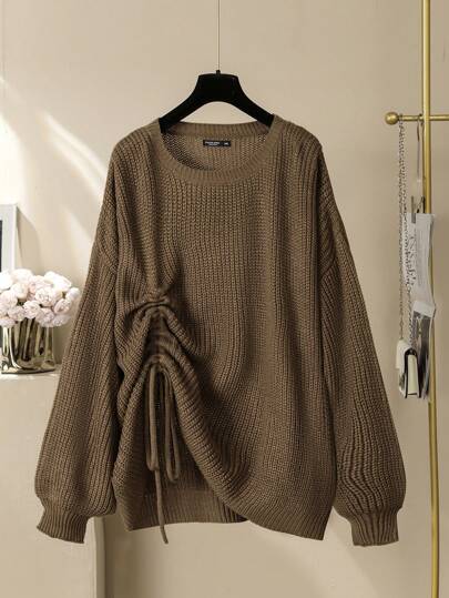 Lacomfia 加大码纯色圆领抽绳褶皱尼龙长袖套头衫，适合冬季