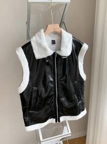 Comfortcana Black And White Fur Integrated OU Vest Suede Jacket