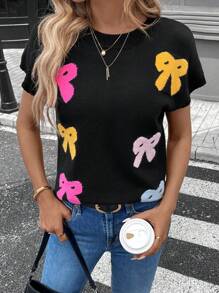 SHEIN LUNE Colorful Bow Decoration Casual French Street Women Knitted Sweater, Autumn - Black - View 1