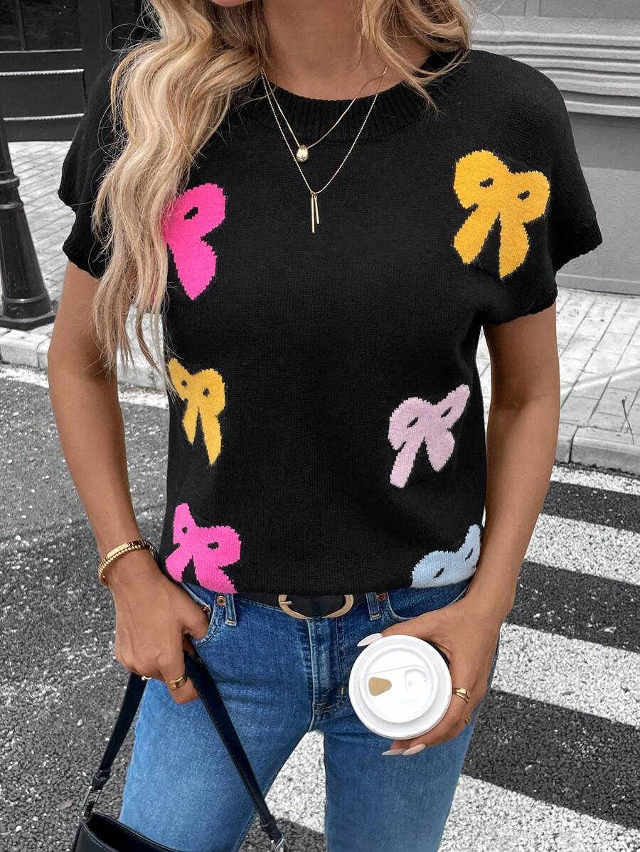 SHEIN LUNE Colorful Bow Decoration Casual French Street Women Knitted Sweater, Autumn - Black - View 1