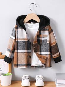 Kurtka z kapturem w kratę dla chłopca, swobodna, zapinana z przodu na guziki, jesień/zima