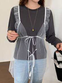 FRIFUL Top con capas de malla para mujer, uso casual diario - Blanco - Ver 6
