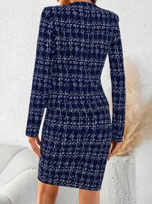 SHEIN Clasi Women's Autumn Plaid Print Long Sleeve Metal Button Jacket And Midi Skirt 2 Pieces Set, Elegant - Royal Blue - View 2