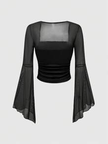 ROMWE 女士十字水钻喇叭袖网眼上衣 - 黑色 - 查看 4