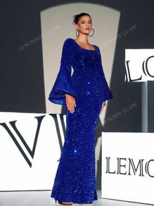 Square Neck Flounce Sleeve Sequin Formal Gown