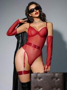 成熟迷人的透明性感连体裤 + 吊袜带 + 吊袜带 + 手套诱人诱人的钢圈女式性感连体裤 - 酒紅色 - 查看 5