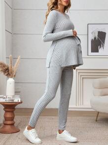 SHEIN Bộ đồ bà bầu dài tay dệt kim gân màu trơn cho nữ, bộ đồ dệt kim gân - Màu Xám nhạt - Xem 4