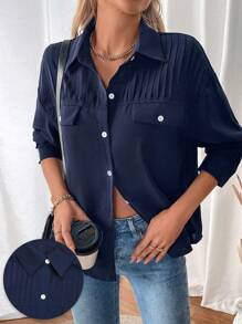 SHEIN LUNE 女士纯色前扣休闲长袖衬衫 - 藏蓝色 - 查看 3