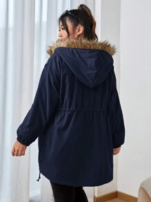 SHEIN EZwear 加大码海军蓝抽绳腰部蓬松连帽加厚棉服外套，冬季休闲 - 藏蓝色 - 查看 2