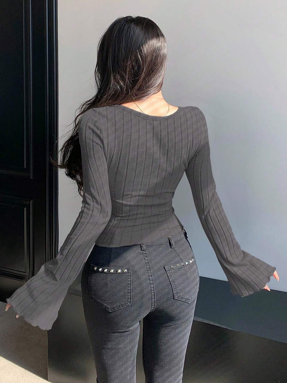 Solid Color Scoop Neck Criss-Cross Ribbed Knit Slim Fit Long Sleeve T-Shirt Going Out Tops Women