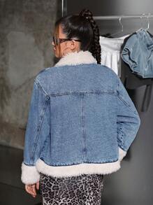 SHEIN Y2K 风格少女蓝色牛仔布和米色保暖衬里翻领长袖夹克，厚垫中长款牛仔外套，适合学生秋冬季，蓬松复古外套 - 淺色水洗藍 - 查看 2
