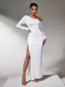 SHEIN SXY Robe longue blanche fendue à épaules dénudées pour femmes avec manches longues d'automne - Blanc - Voir 7