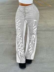 VaVaBold Casual Sporty Letter Print Contrast Trim Loose Wide Leg Women's Sweatpants, Suitable For Daily, Leisure, Sports And Street Fashion