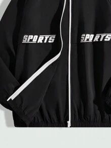 SHEIN 青少年男孩宽松休闲字母图案连帽前拉链长袖夹克