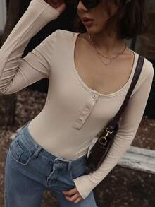SHEIN EZwear Của phụ nữ Vạt váy một nửa dây nút Tay áo dài Áo liền quần chặt - Màu be - Xem 4